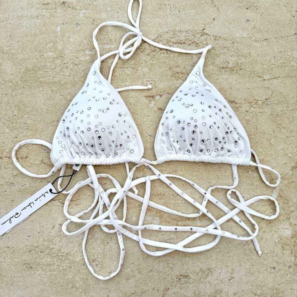 NWT! Monica Hansen Swim Triangle Top in White with Swarovski Crystals, Size M
